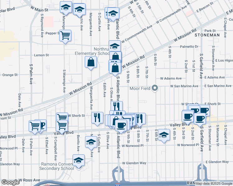 map of restaurants, bars, coffee shops, grocery stores, and more near 931 South Olive Avenue in Alhambra