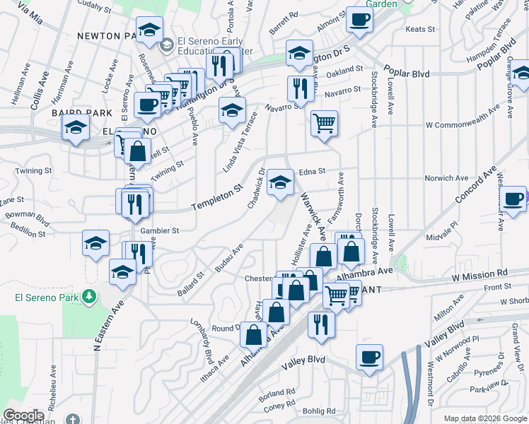 map of restaurants, bars, coffee shops, grocery stores, and more near 3146 Budau Avenue in Los Angeles