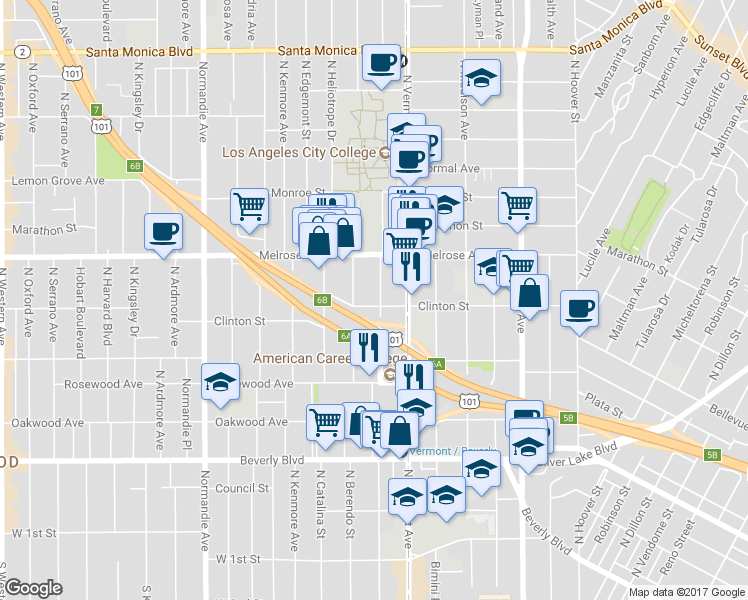 map of restaurants, bars, coffee shops, grocery stores, and more near 551 North New Hampshire Avenue in Los Angeles