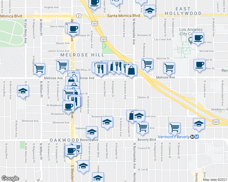 map of restaurants, bars, coffee shops, grocery stores, and more near 555 North Kingsley Drive in Los Angeles