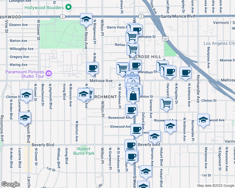 map of restaurants, bars, coffee shops, grocery stores, and more near 540 Saint Andrews Place in Los Angeles