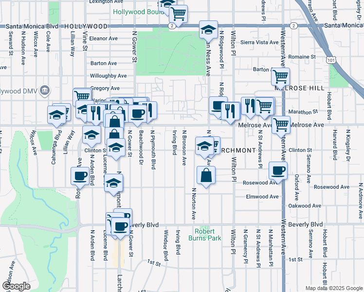 map of restaurants, bars, coffee shops, grocery stores, and more near in Los Angeles