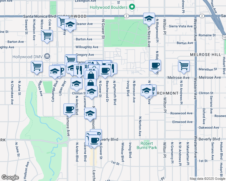 map of restaurants, bars, coffee shops, grocery stores, and more near 590 North Beachwood Drive in Los Angeles