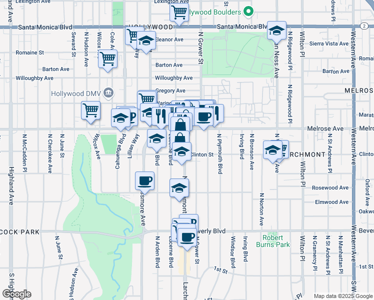 map of restaurants, bars, coffee shops, grocery stores, and more near 589 North Gower Street in Los Angeles