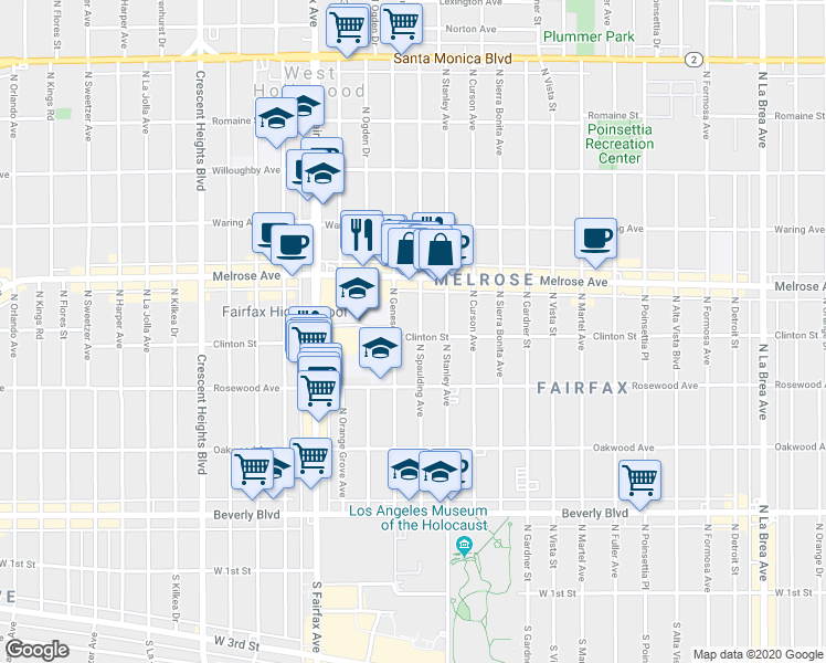 map of restaurants, bars, coffee shops, grocery stores, and more near 545 North Spaulding Avenue in Los Angeles