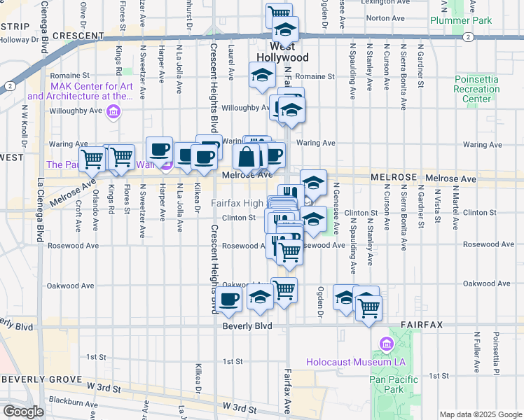 map of restaurants, bars, coffee shops, grocery stores, and more near 548 North Edinburgh Avenue in Los Angeles