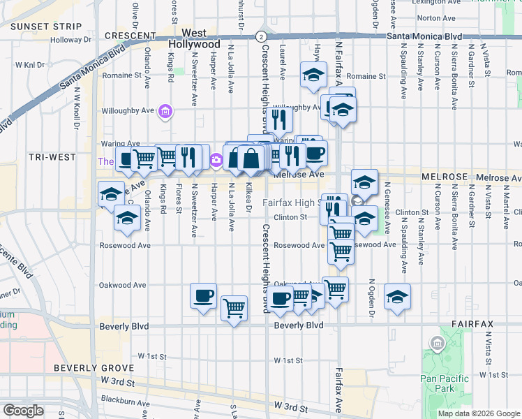 map of restaurants, bars, coffee shops, grocery stores, and more near in Los Angeles