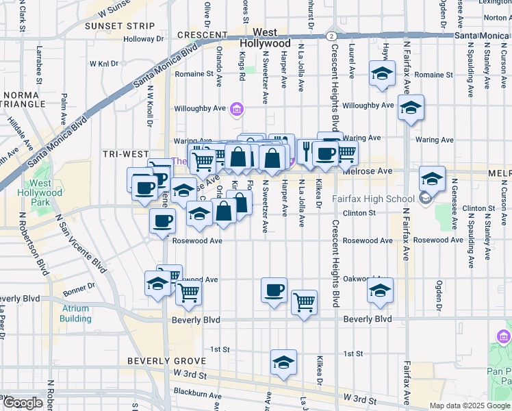 map of restaurants, bars, coffee shops, grocery stores, and more near 546 North Flores Street in West Hollywood