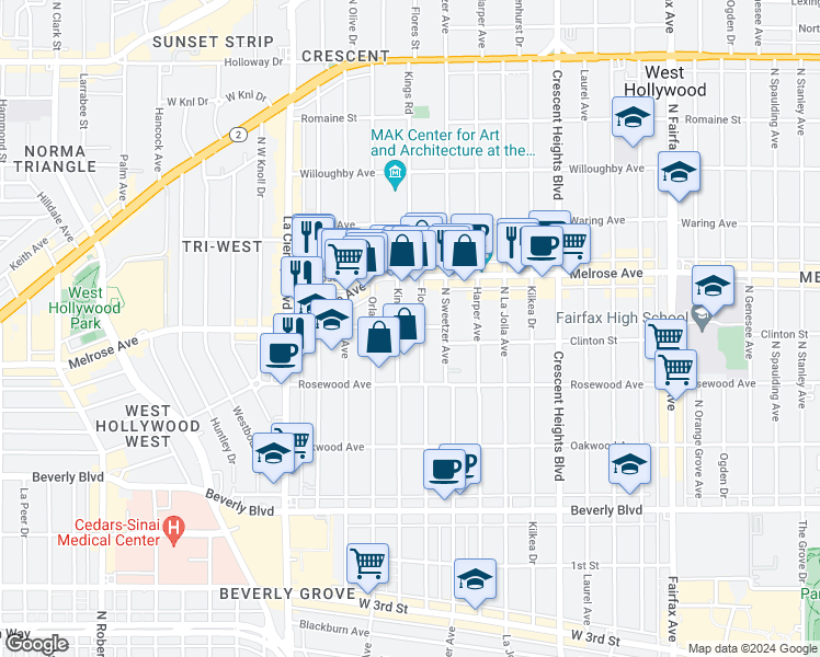 map of restaurants, bars, coffee shops, grocery stores, and more near 546 North Flores Street in West Hollywood