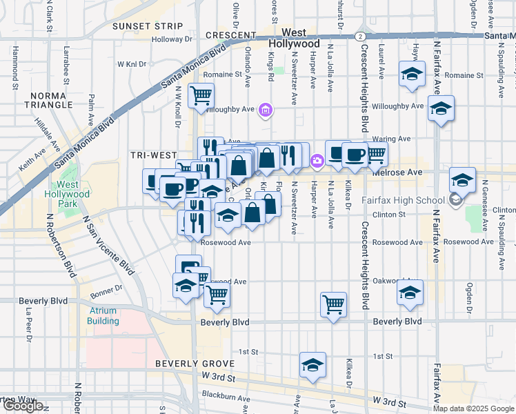 map of restaurants, bars, coffee shops, grocery stores, and more near 547 North Kings Road in West Hollywood