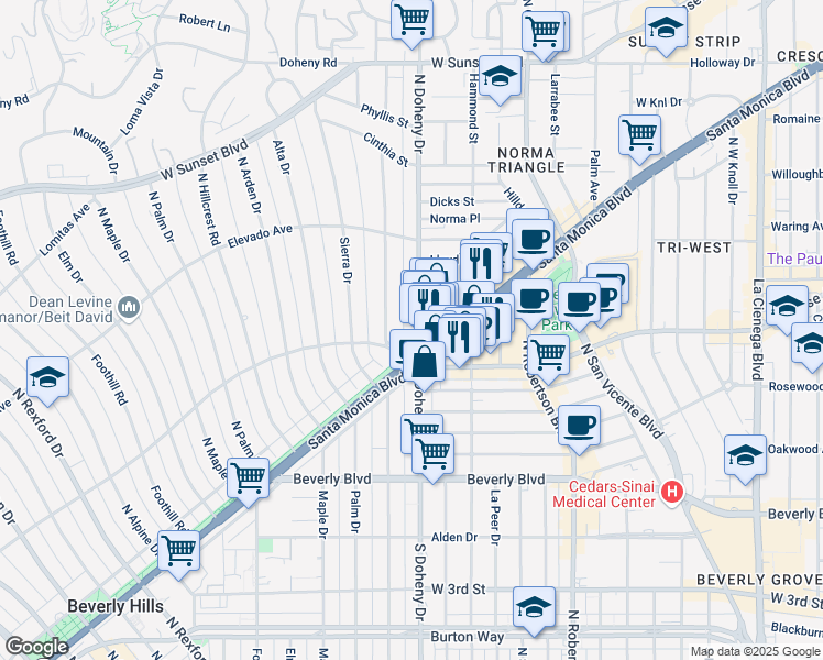 map of restaurants, bars, coffee shops, grocery stores, and more near 602 Carmelita Avenue in Beverly Hills