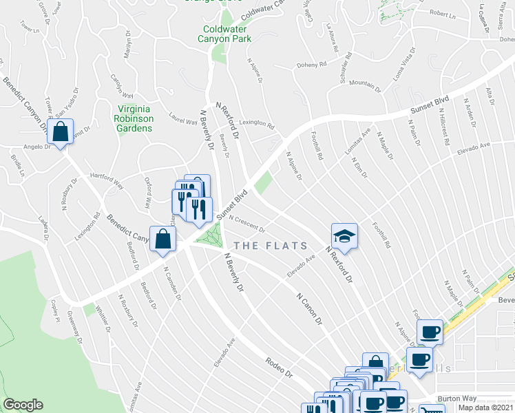 map of restaurants, bars, coffee shops, grocery stores, and more near 806 North Crescent Drive in Beverly Hills