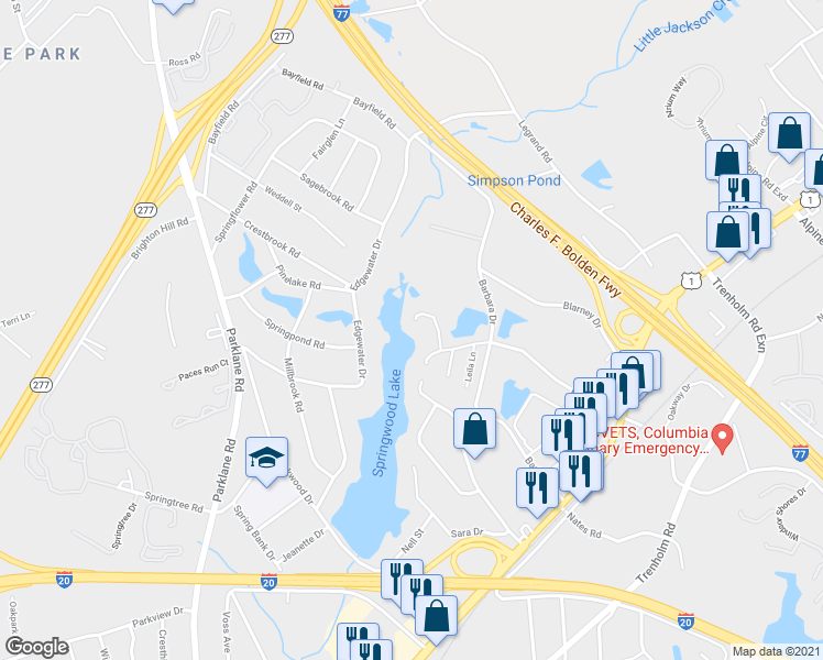 map of restaurants, bars, coffee shops, grocery stores, and more near 1740 Springwoods Lake Drive in Columbia