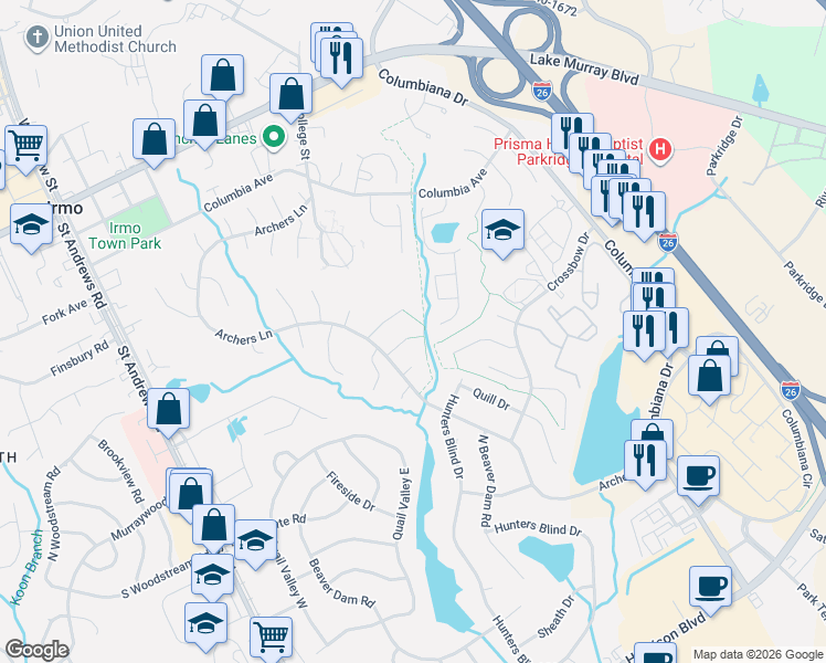 map of restaurants, bars, coffee shops, grocery stores, and more near 206 Timbercreek Court in Columbia