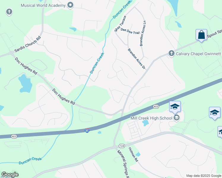 map of restaurants, bars, coffee shops, grocery stores, and more near 4036 Water Mill Drive in Buford