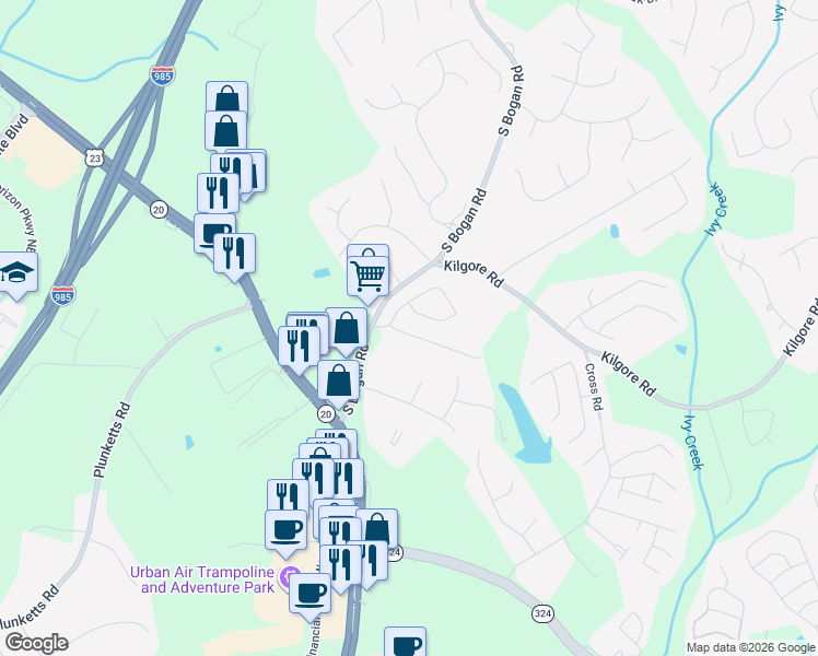 map of restaurants, bars, coffee shops, grocery stores, and more near 3567 Harvest Ridge Lane Northeast in Buford