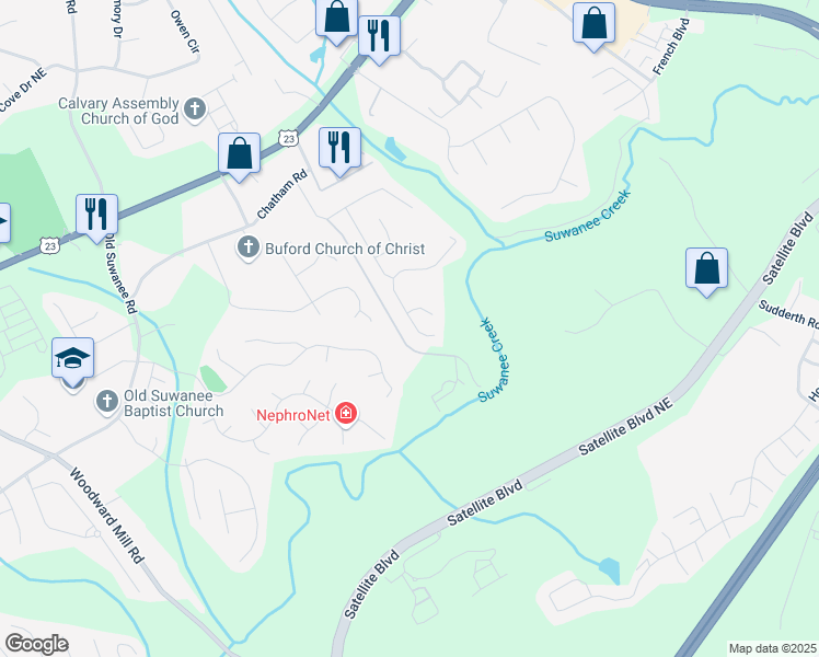 map of restaurants, bars, coffee shops, grocery stores, and more near 1867 Castleberry Lane in Buford