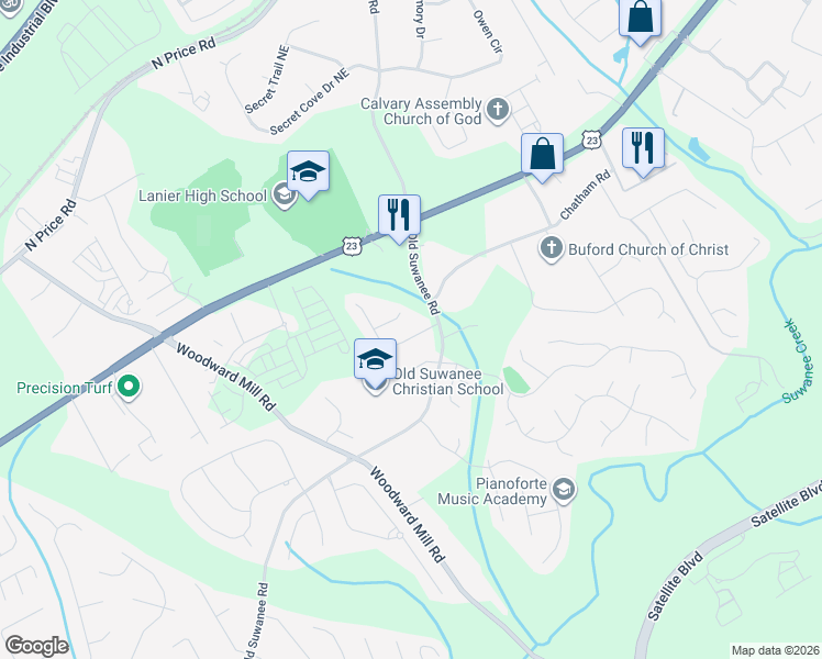 map of restaurants, bars, coffee shops, grocery stores, and more near 968 Suwanee Brook Lane in Buford