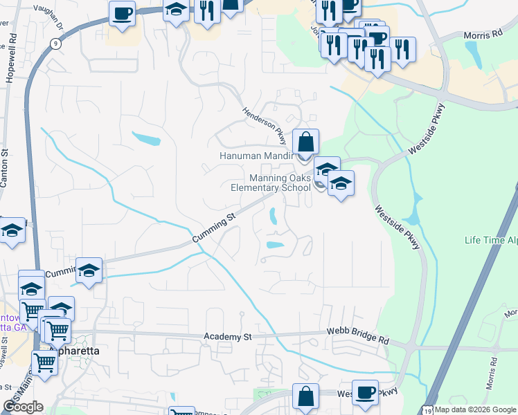 map of restaurants, bars, coffee shops, grocery stores, and more near 110 Sterling Court in Alpharetta