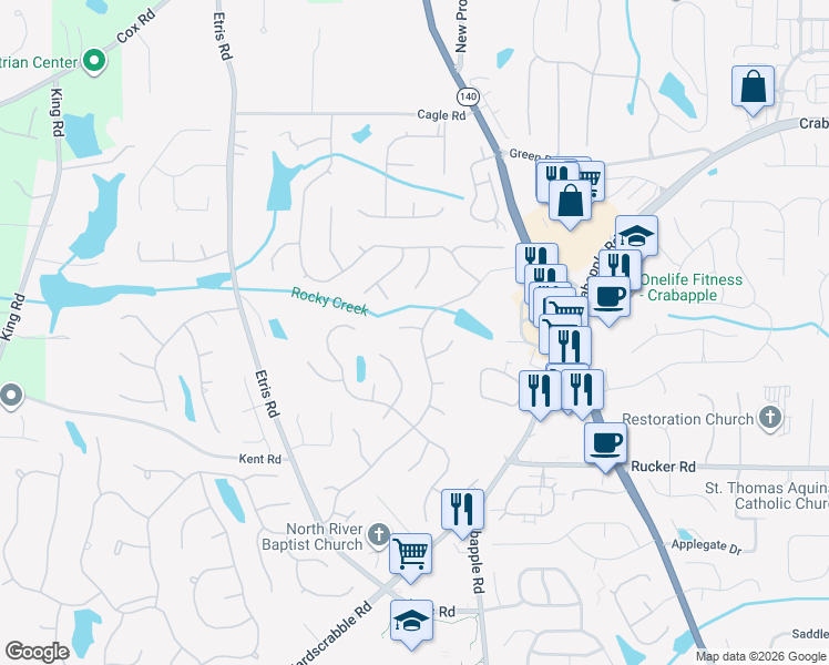 map of restaurants, bars, coffee shops, grocery stores, and more near 12370 Edenwilde Drive in Roswell