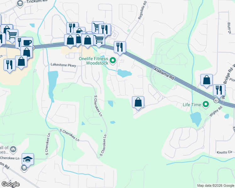 map of restaurants, bars, coffee shops, grocery stores, and more near 230 Claremore Drive in Woodstock