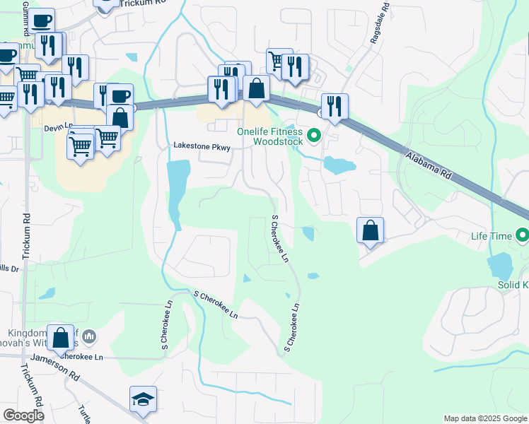 map of restaurants, bars, coffee shops, grocery stores, and more near 262 Tillman Pass in Woodstock