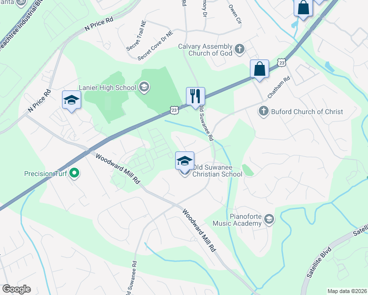map of restaurants, bars, coffee shops, grocery stores, and more near Suwanee Brook Court in Buford