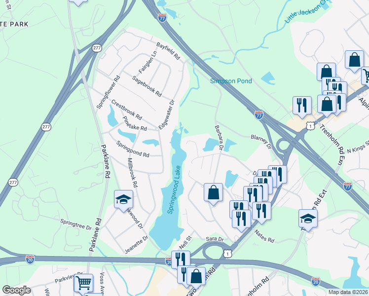 map of restaurants, bars, coffee shops, grocery stores, and more near 129 Springwoods Lake Point in Columbia