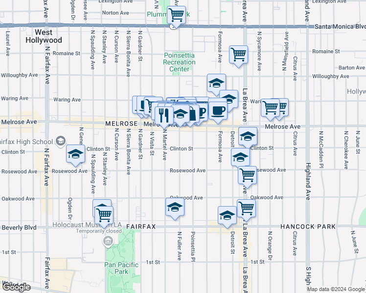 map of restaurants, bars, coffee shops, grocery stores, and more near 602 North Fuller Avenue in Los Angeles