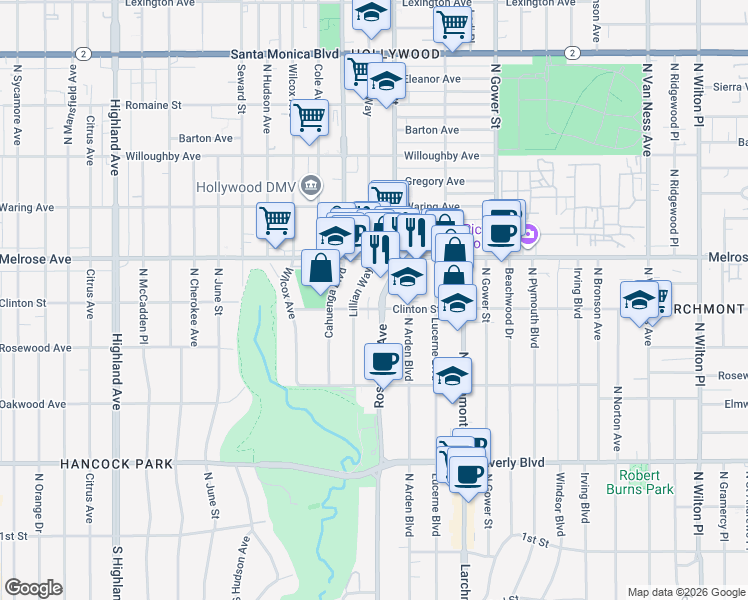 map of restaurants, bars, coffee shops, grocery stores, and more near in Los Angeles