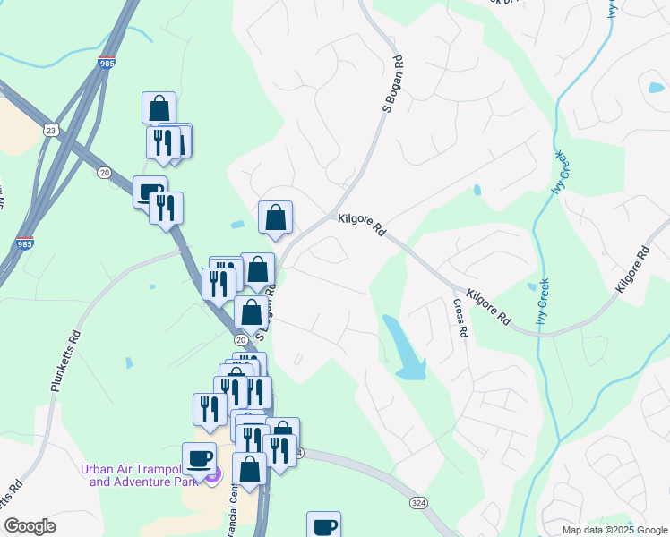 map of restaurants, bars, coffee shops, grocery stores, and more near 2270 Harvest Ridge Circle Northeast in Buford