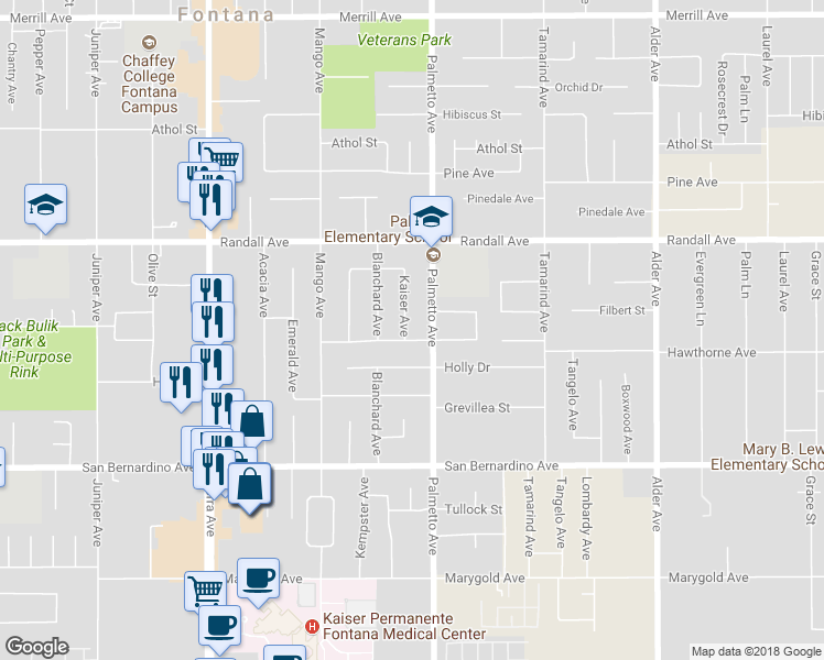 map of restaurants, bars, coffee shops, grocery stores, and more near 9459 Kaiser Avenue in Fontana