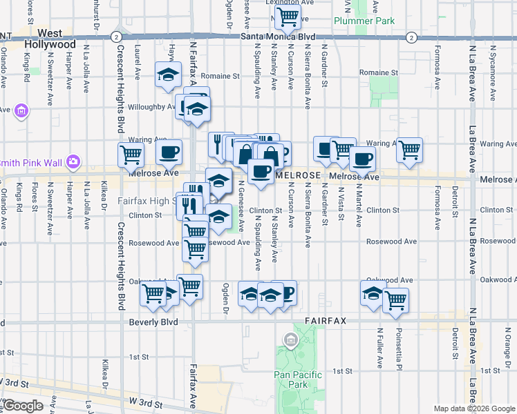 map of restaurants, bars, coffee shops, grocery stores, and more near 602 North Spaulding Avenue in Los Angeles