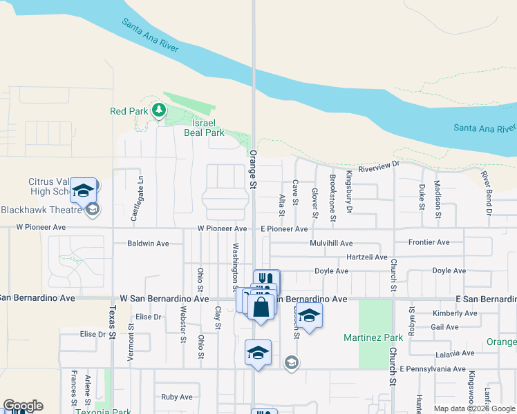map of restaurants, bars, coffee shops, grocery stores, and more near 7 Waters Court in Redlands