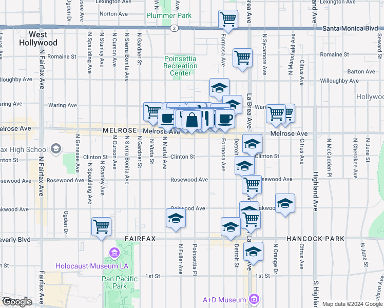 map of restaurants, bars, coffee shops, grocery stores, and more near 601 North Poinsettia Place in Los Angeles