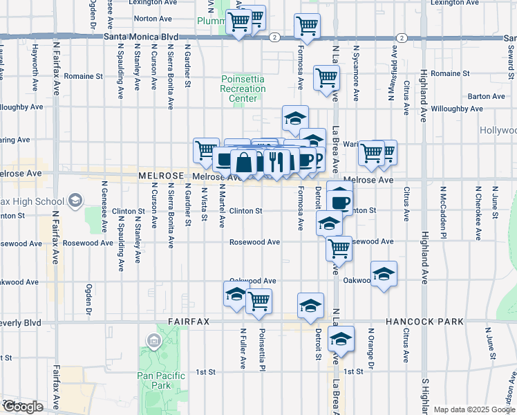 map of restaurants, bars, coffee shops, grocery stores, and more near 601 North Poinsettia Place in Los Angeles