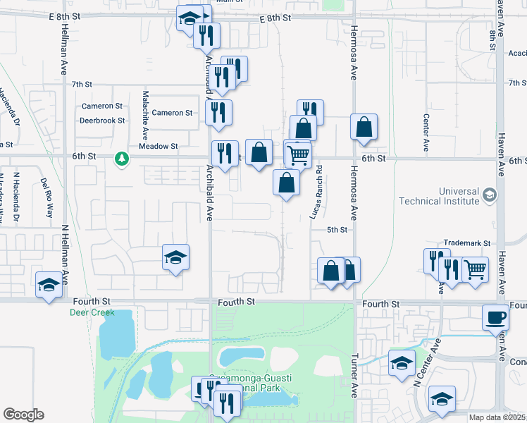 map of restaurants, bars, coffee shops, grocery stores, and more near 9852 Crescent Center Drive in Rancho Cucamonga