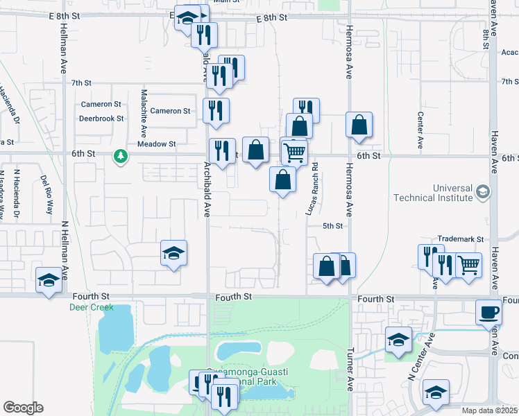 map of restaurants, bars, coffee shops, grocery stores, and more near 9852 Crescent Center Drive in Rancho Cucamonga