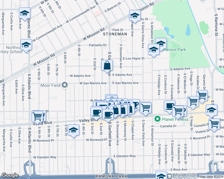 map of restaurants, bars, coffee shops, grocery stores, and more near 1118 South Garfield Avenue in Alhambra