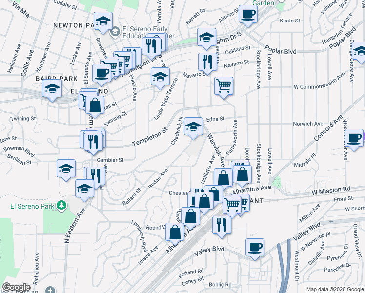 map of restaurants, bars, coffee shops, grocery stores, and more near 3146 Budau Avenue in Los Angeles
