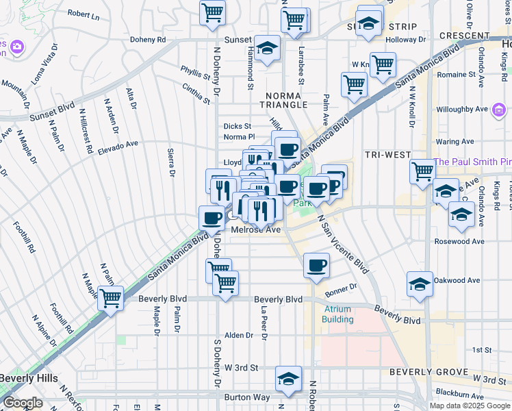 map of restaurants, bars, coffee shops, grocery stores, and more near 620 North Almont Drive in Los Angeles