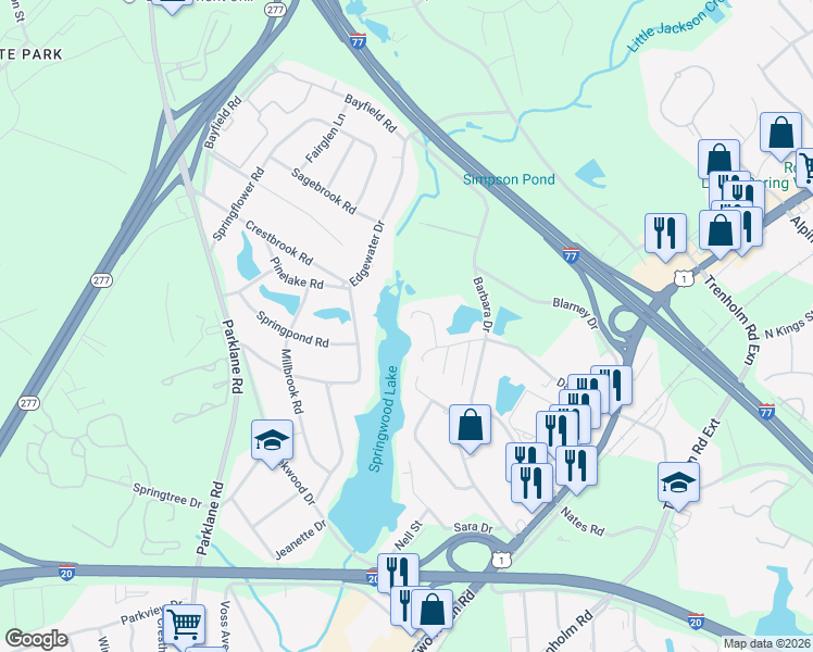 map of restaurants, bars, coffee shops, grocery stores, and more near 1740 Springwoods Lake Drive in Columbia
