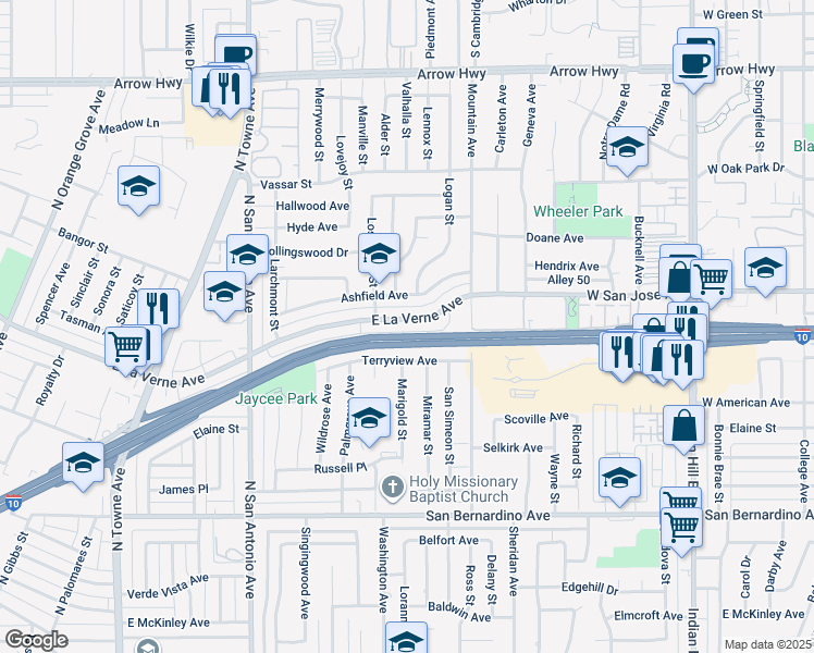 map of restaurants, bars, coffee shops, grocery stores, and more near 1064 East La Verne Avenue in Pomona
