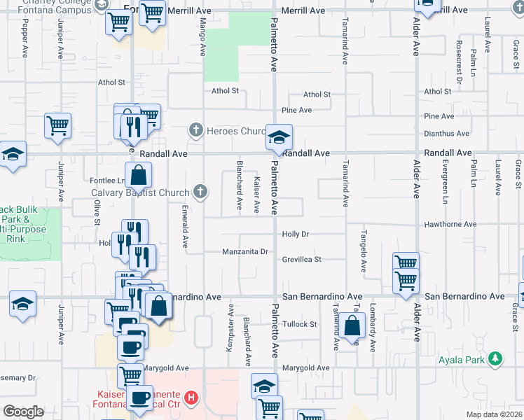 map of restaurants, bars, coffee shops, grocery stores, and more near 9459 Kaiser Avenue in Fontana