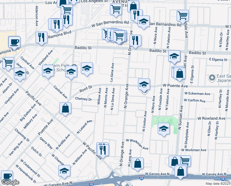 map of restaurants, bars, coffee shops, grocery stores, and more near 620 North La Sena Avenue in West Covina