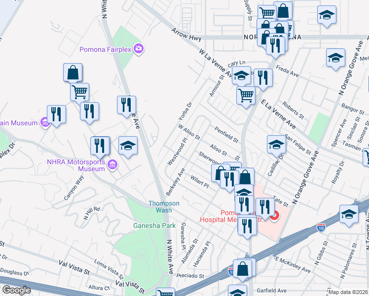map of restaurants, bars, coffee shops, grocery stores, and more near 1840 Westwood Place in Pomona