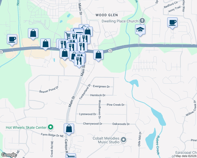 map of restaurants, bars, coffee shops, grocery stores, and more near 605 Evergreen Drive in Woodstock