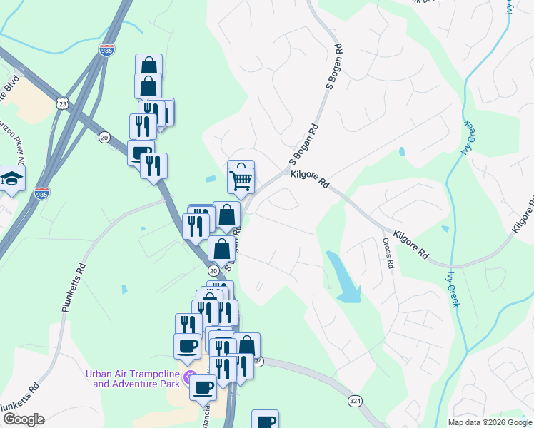 map of restaurants, bars, coffee shops, grocery stores, and more near 3567 Harvest Ridge Lane Northeast in Buford