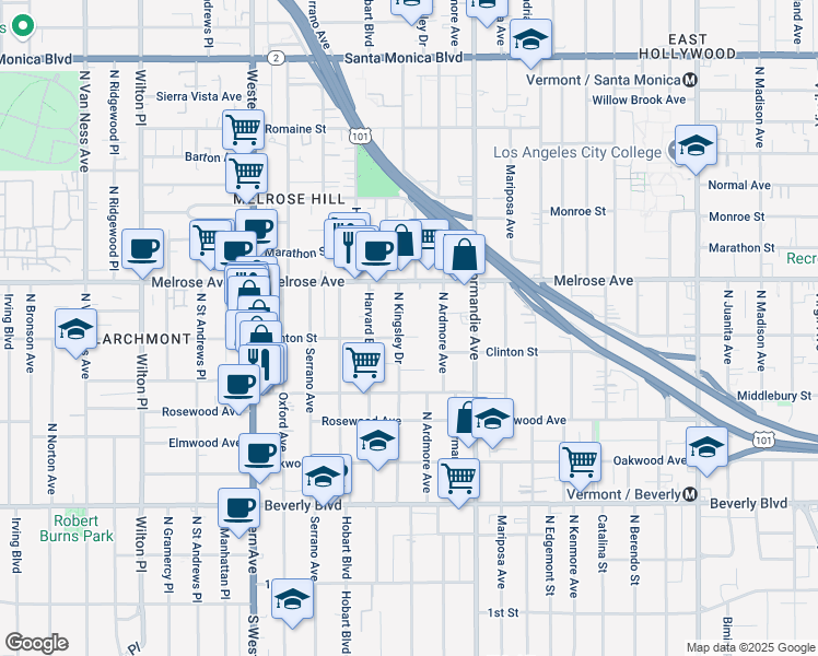 map of restaurants, bars, coffee shops, grocery stores, and more near 608 North Kingsley Drive in Los Angeles