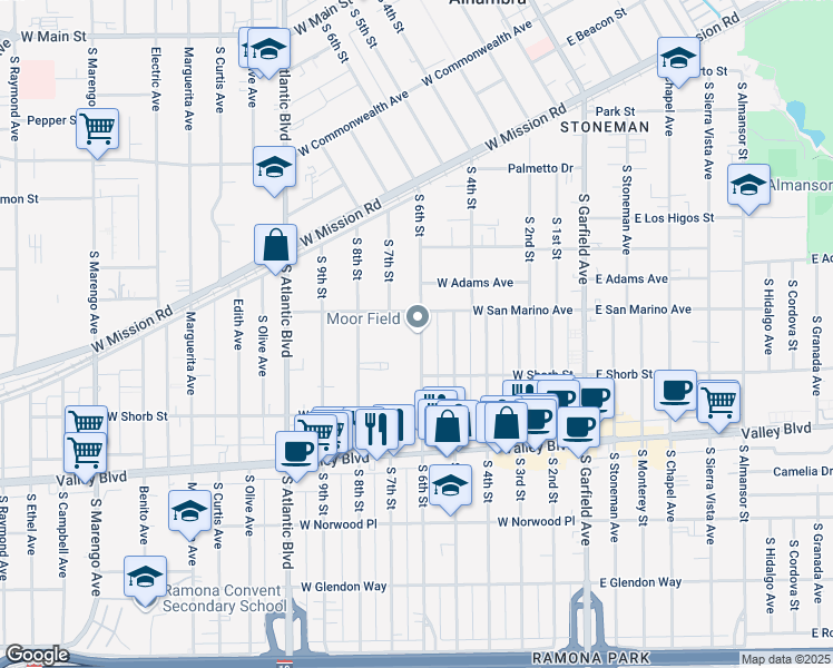 map of restaurants, bars, coffee shops, grocery stores, and more near 1001 South 6th Street in Alhambra